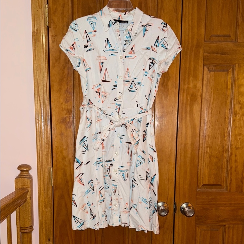 Chetta B White Collared Button Down Dress with Blue Pink Nautical Sailboat Print